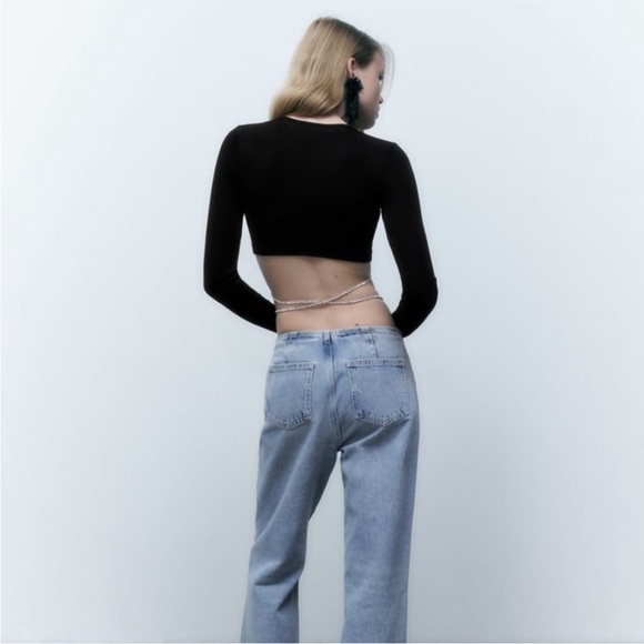 Zara Black Long Sleeve Wrap Crop Top - Picture 3 of 5